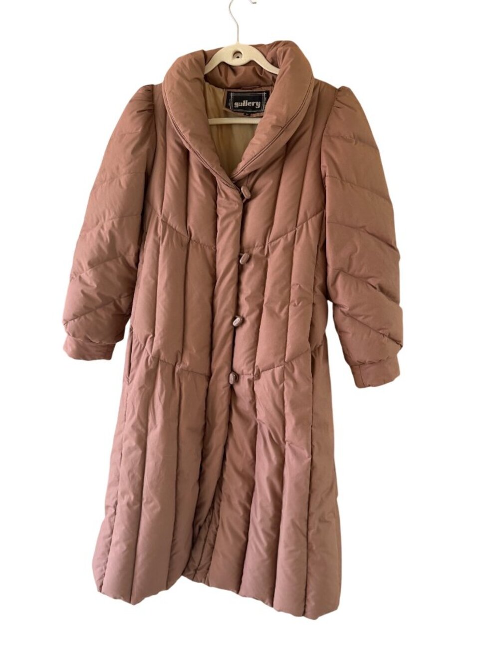 Gallery 1980s Womens Full Zip Pockets Longline Down Puffer Coat Size Small Tan